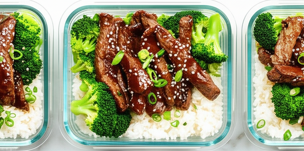 Four meal prep containers with beef and broccoli