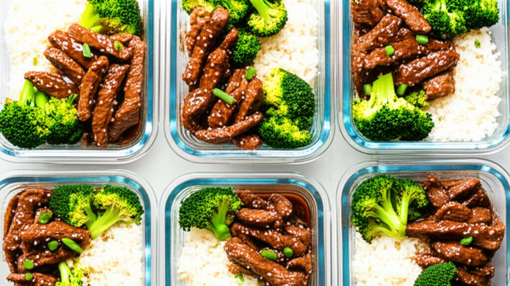 Beef and broccoli meal prep containers with rice