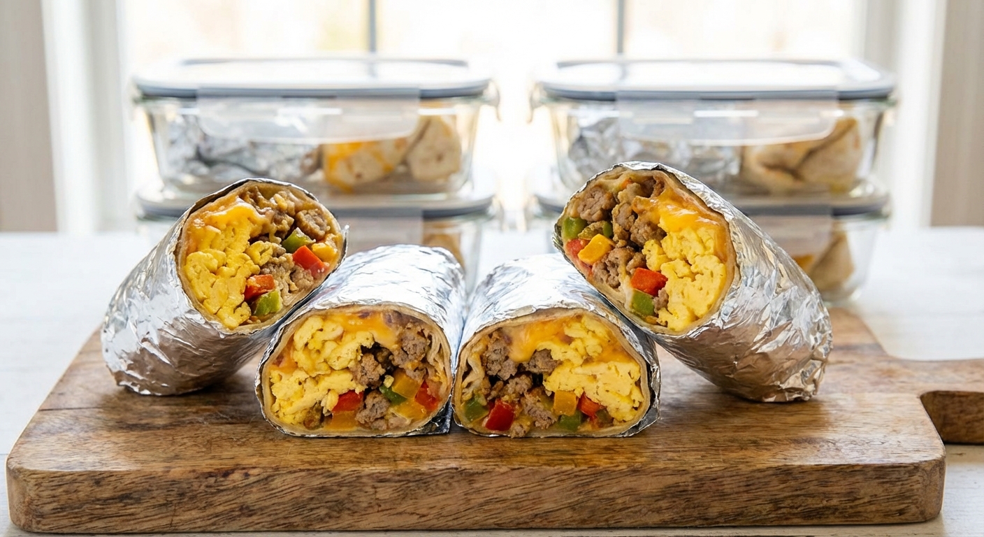 Golden breakfast burritos wrapped in foil with eggs and peppers visible