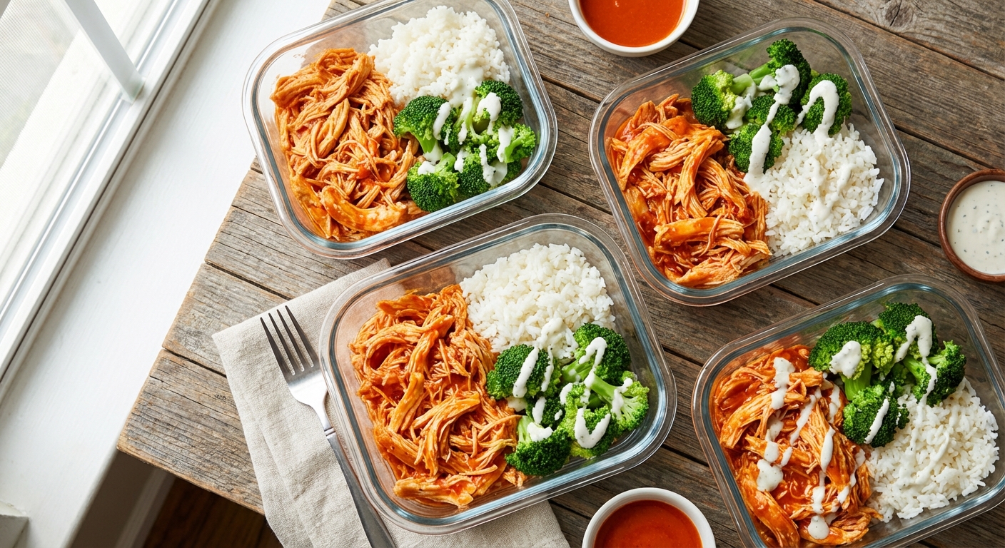 Buffalo chicken meal prep bowls with shredded chicken, rice, broccoli and ranch drizzle in glass containers
