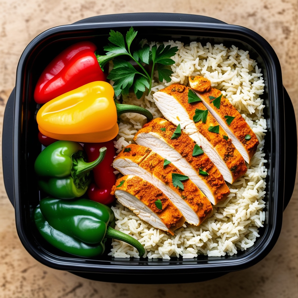 Cajun chicken meal prep containers with colorful bell peppers and rice