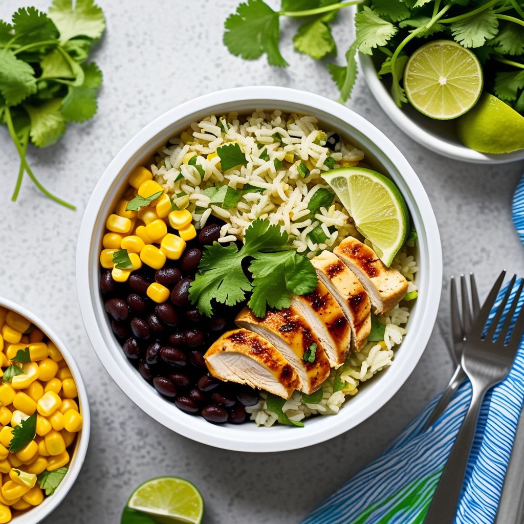 Chicken burrito bowl meal prep containers with rice, beans, corn and cilantro