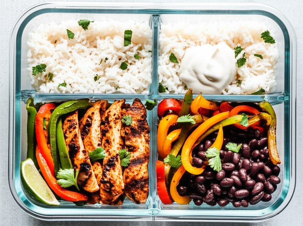 Assembled chicken fajita bowl with fresh cilantro, lime wedge, sour cream, and colorful peppers