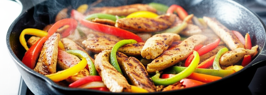 Sizzling chicken fajitas cooking in cast iron skillet with caramelized peppers and onions