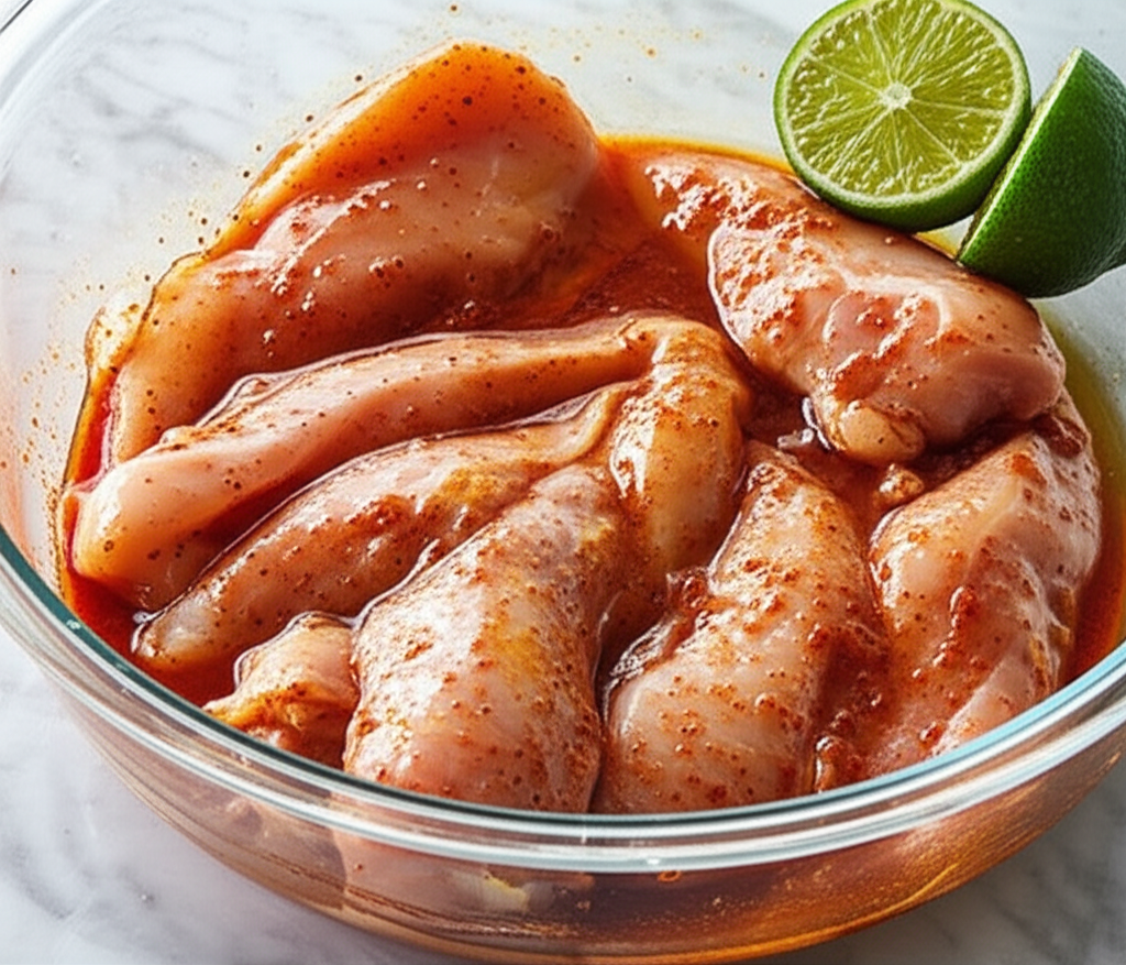 Chicken strips marinating in fajita seasoning with lime juice and olive oil