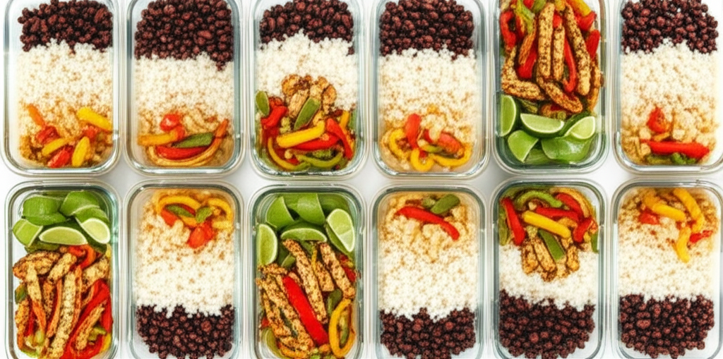 Chicken fajita meal prep bowls with colorful peppers, seasoned chicken, rice and black beans in glass containers