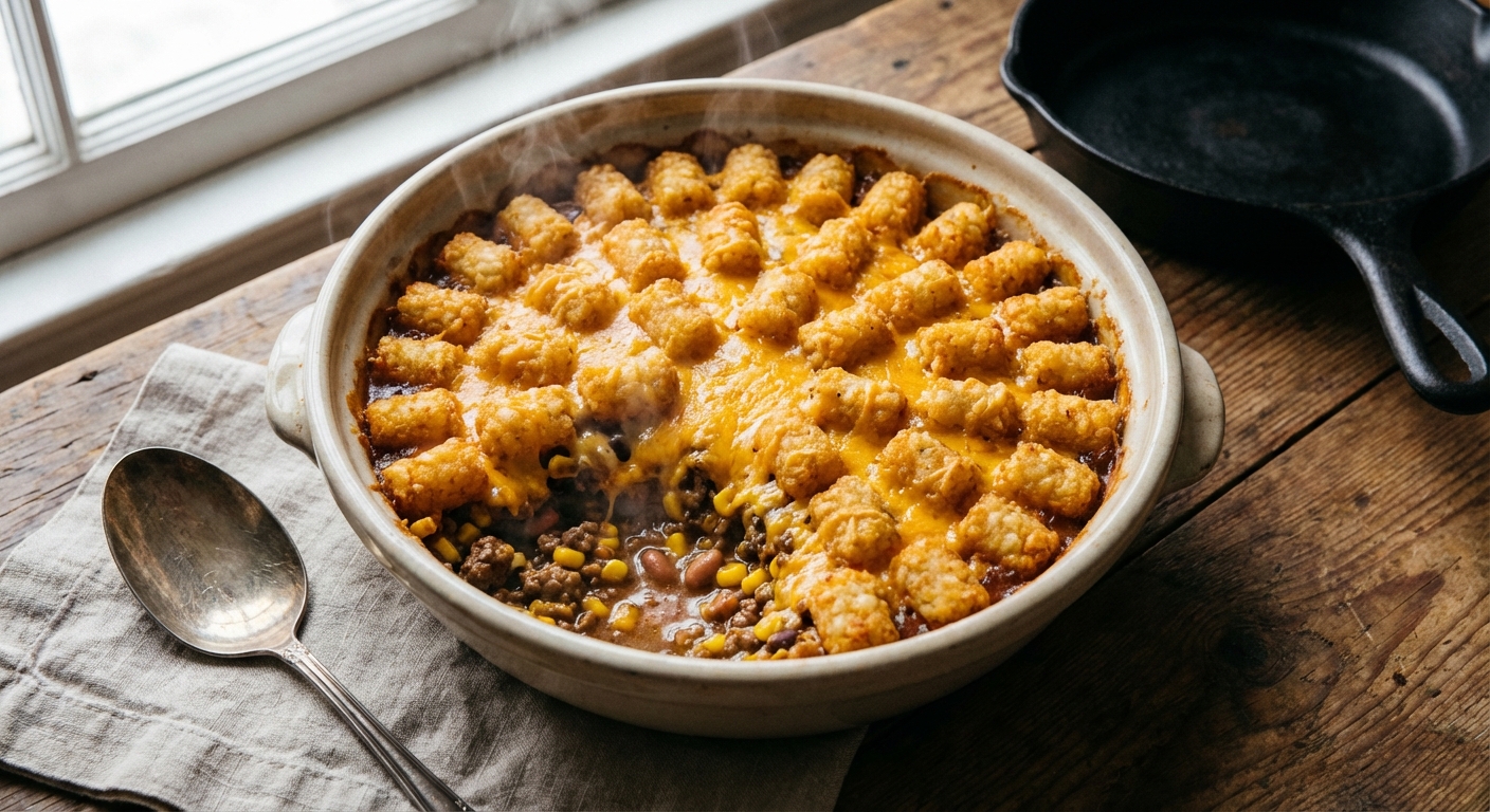 Cowboy casserole with golden crispy tater tots on top of cheesy ground beef in a baking dish