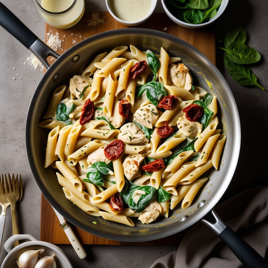 Creamy Tuscan chicken pasta with sun-dried tomatoes and spinach in a large pan