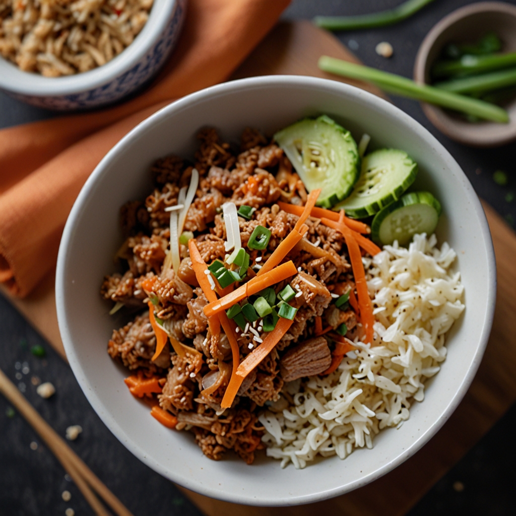Egg roll in a bowl with ground pork, cabbage, carrots and green onions topped with sesame seeds