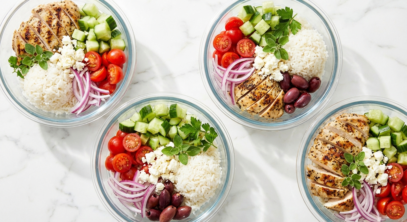 Greek chicken meal prep bowls with grilled chicken, cucumber, tomatoes, feta cheese, and kalamata olives over rice