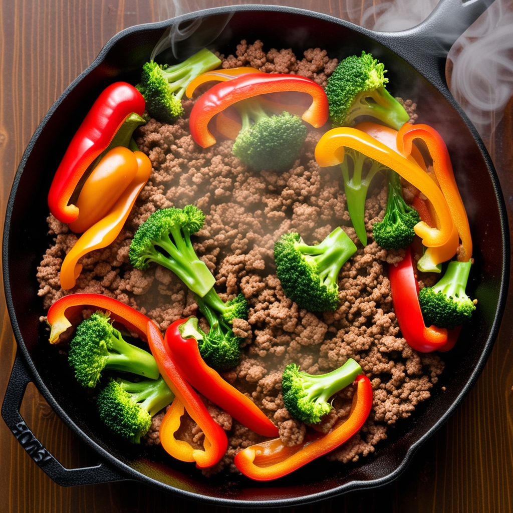 Ground beef stir fry with colorful vegetables in a cast iron skillet
