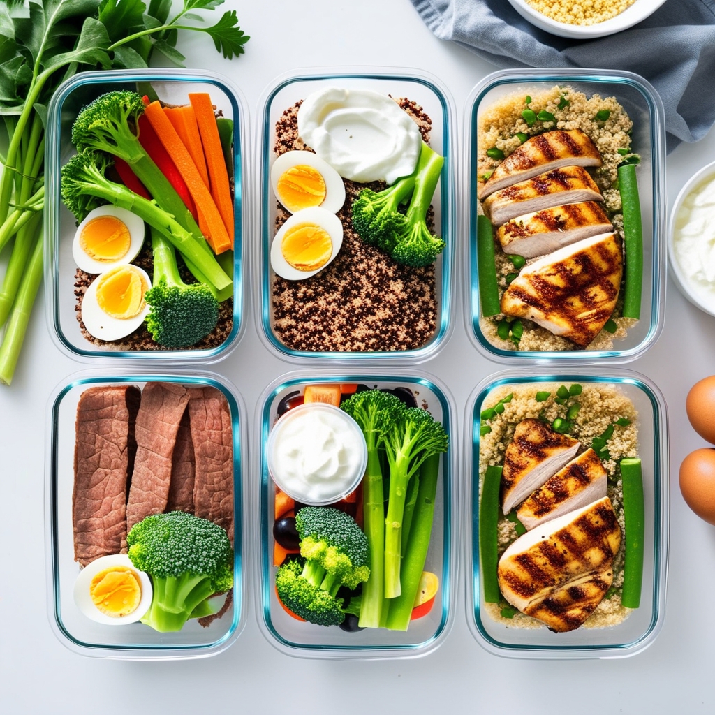 High protein meal prep containers with grilled chicken, eggs, and vegetables