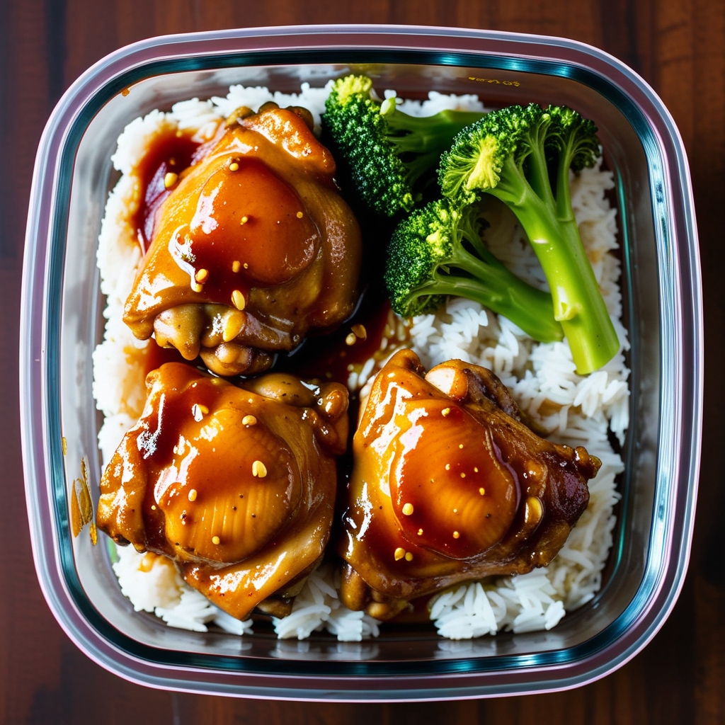 Honey garlic chicken meal prep containers with rice and broccoli