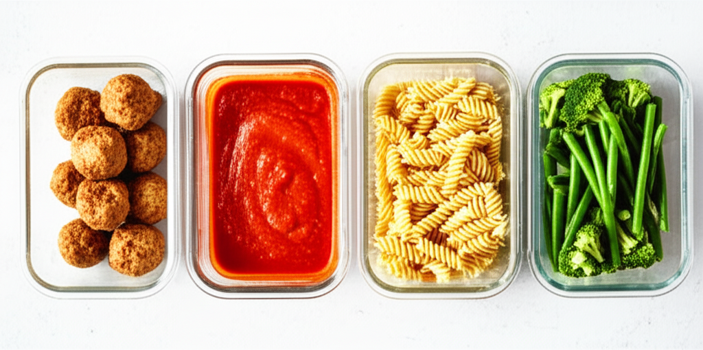 Four glass meal prep containers lined up being filled with meatballs, marinara, pasta and vegetables