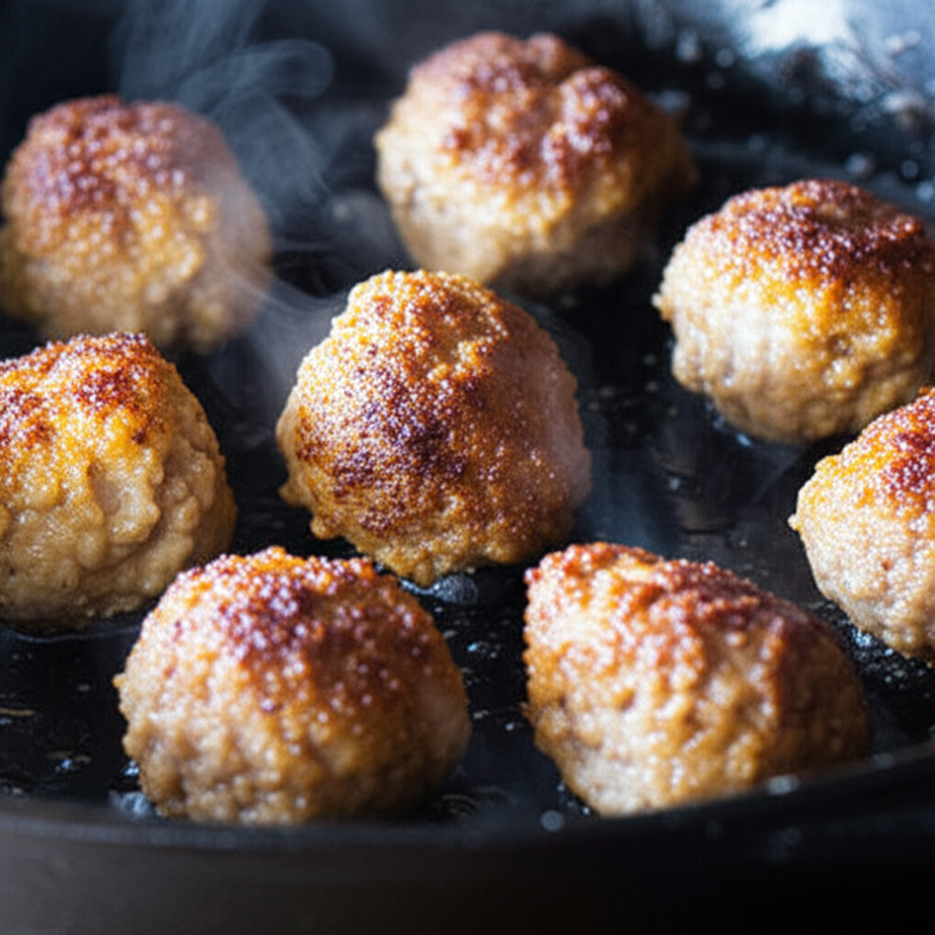 Meatballs browning in a cast iron skillet with golden crust and steam rising