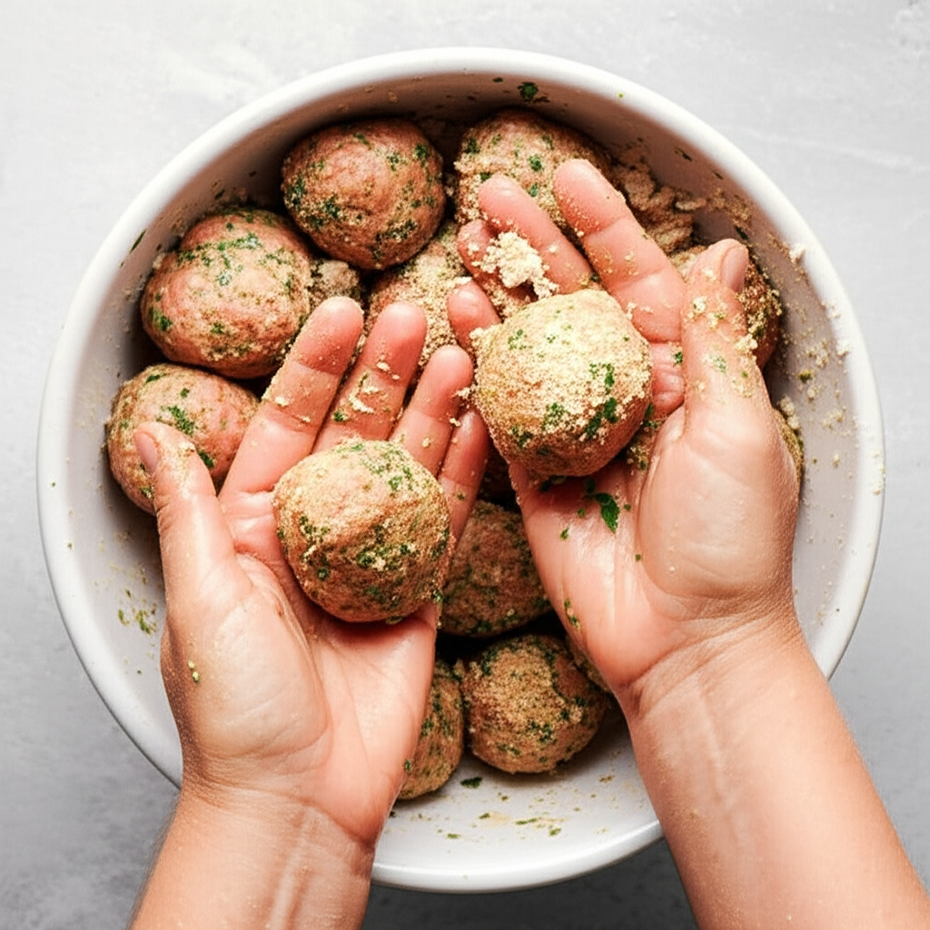 Hands forming meatball mixture with visible herbs and breadcrumbs in a white bowl