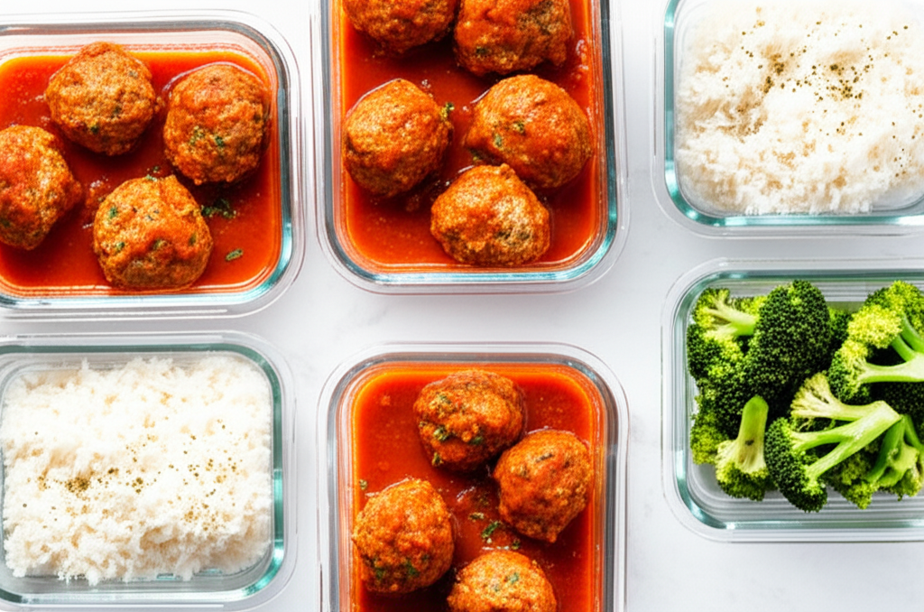 Italian meatballs in marinara sauce in glass meal prep containers with rice and broccoli