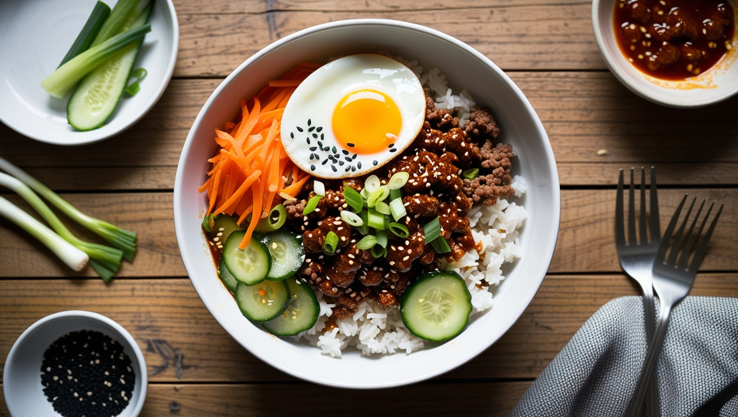 Korean beef bowl with rice, ground beef in gochujang glaze, pickled cucumbers, and a fried egg