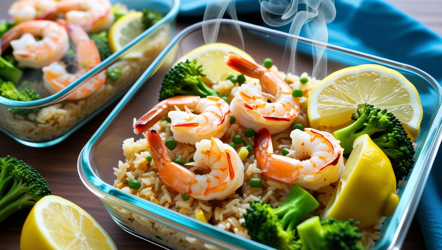 Lemon garlic shrimp meal prep containers with rice and broccoli