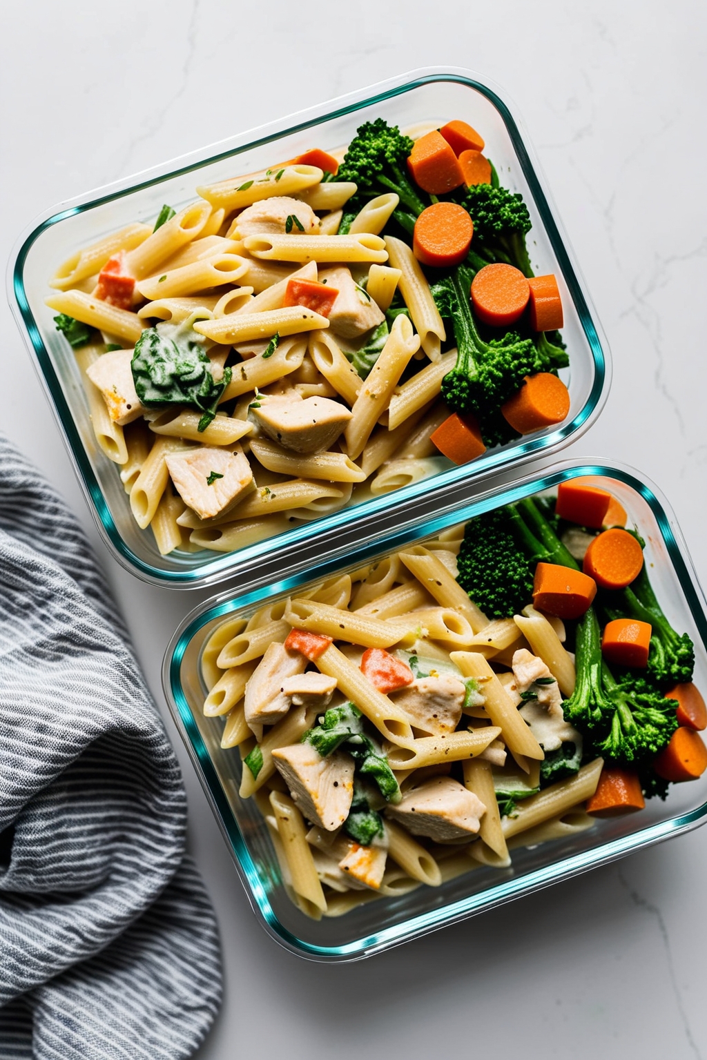 Meal prep containers with creamy chicken pasta