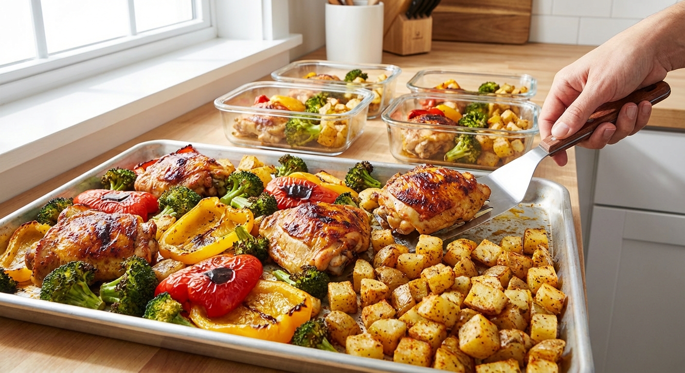 Sheet pan loaded with golden chicken thighs, roasted vegetables, and crispy potatoes fresh from the oven