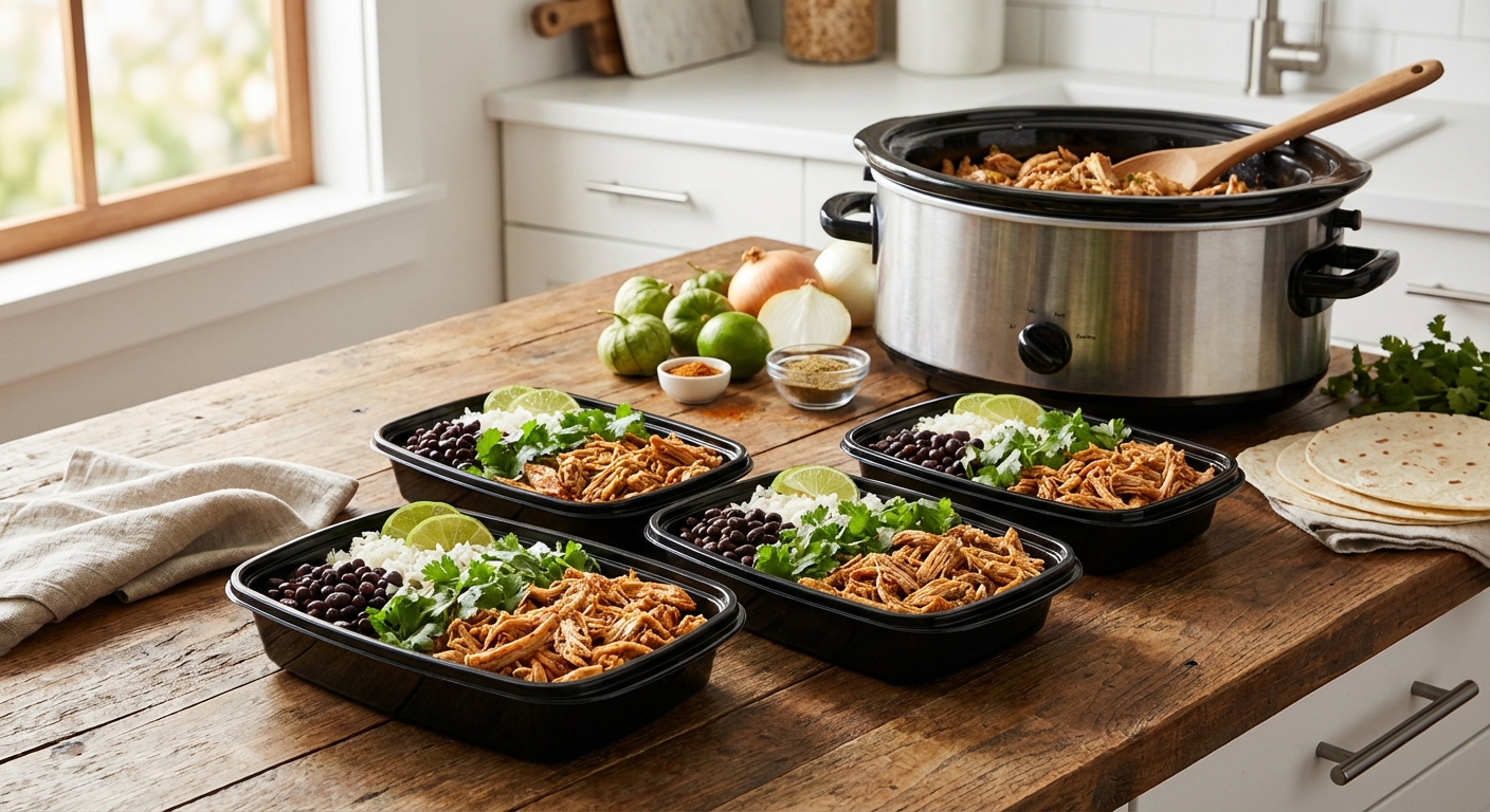 Shredded chicken carnitas in meal prep containers with rice and black beans
