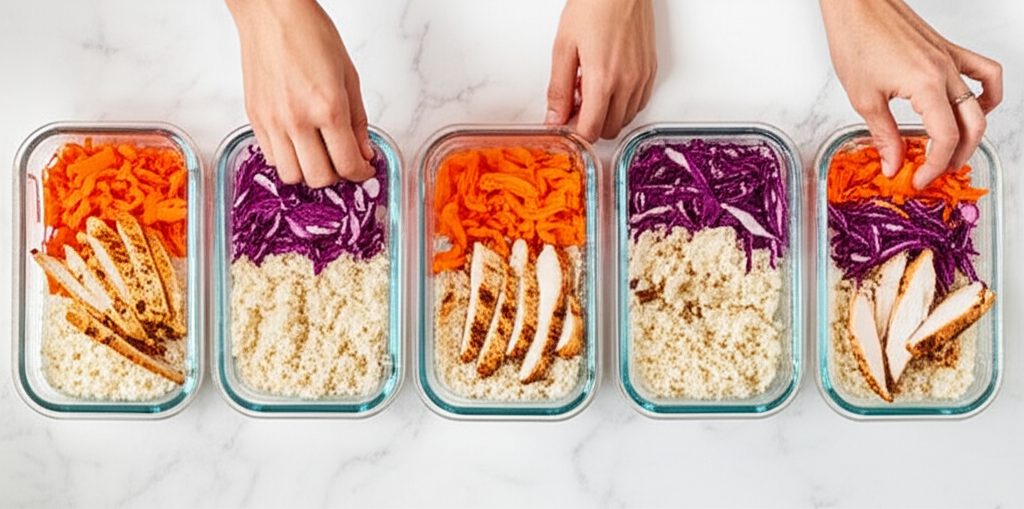 Meal prep containers being filled with Thai peanut chicken bowls