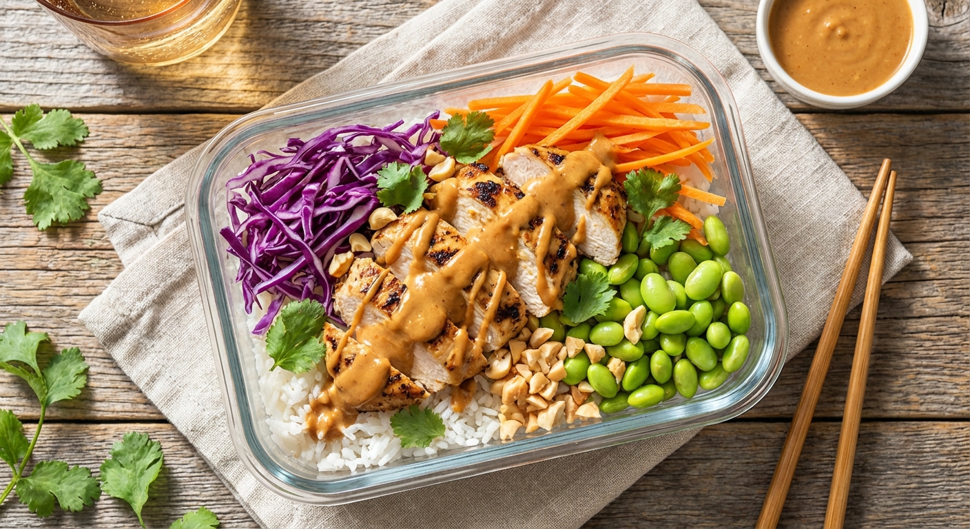 Thai peanut chicken rice bowls in meal prep containers with colorful vegetables and creamy sauce