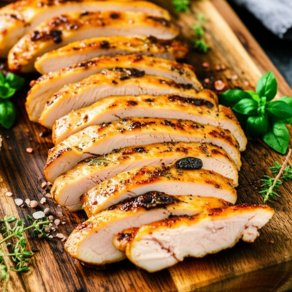 Perfectly sliced grilled chicken breast on a cutting board