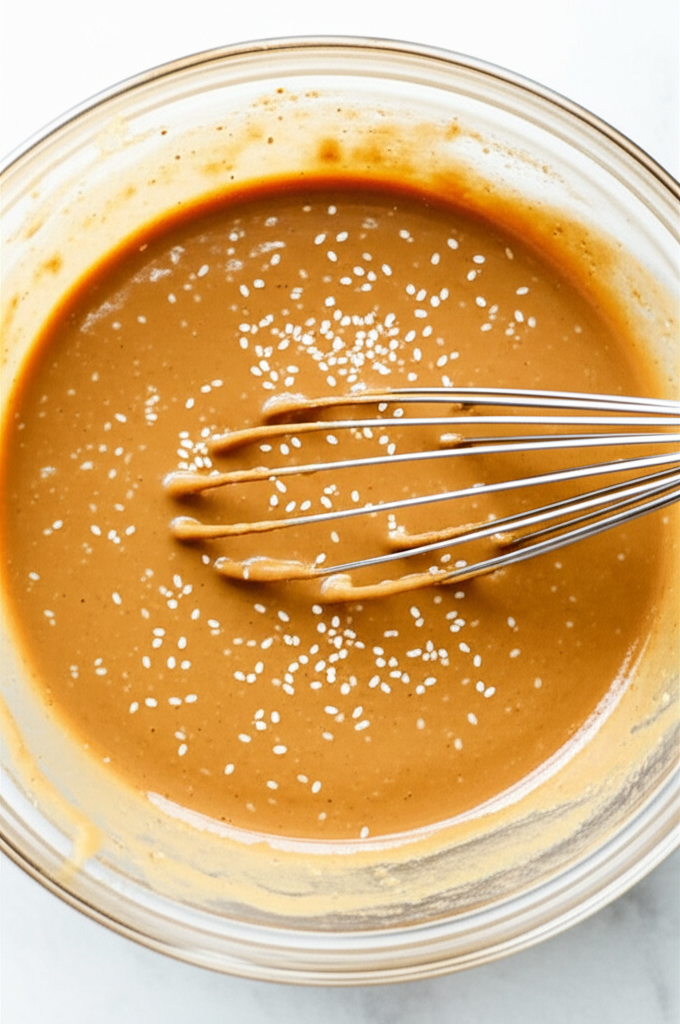 Creamy Thai peanut sauce being whisked in a bowl