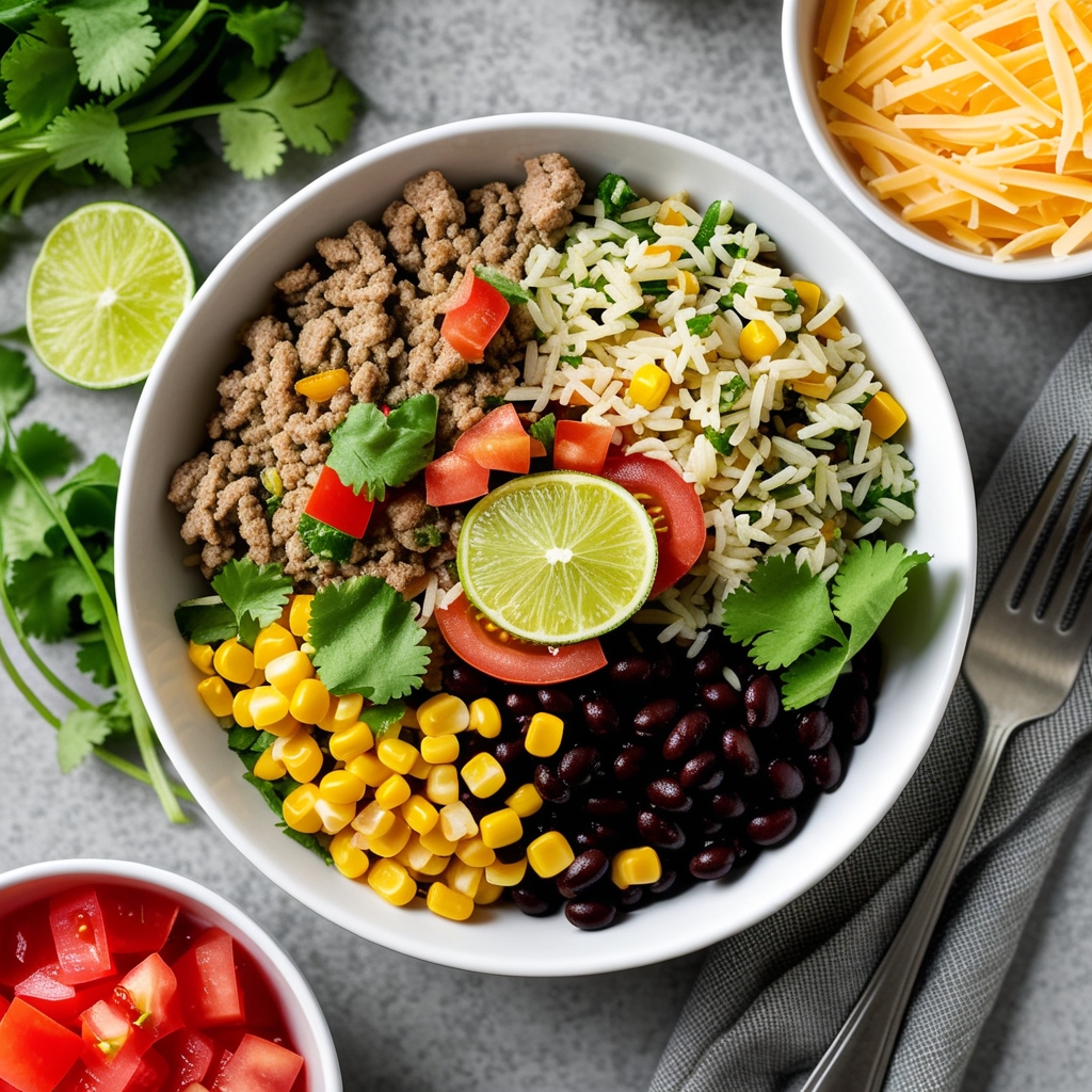 Turkey taco bowls with rice, black beans, corn, and fresh toppings in meal prep containers